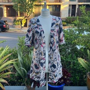 ELOISE 100% Silk Short Sleeve Print Open Front Tunic Length Kimono Size Small